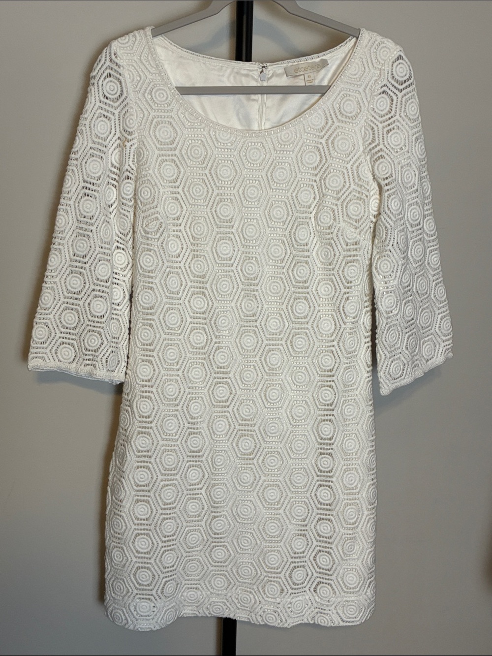 Etcetera White Crochet‎ Lace Hexagon Sheath Dress 3/4 Sleeve 6